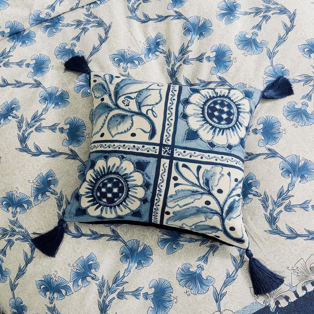 Scrolling Carnation Cushion by Morris & Co x V&A in Indigo Ivory White